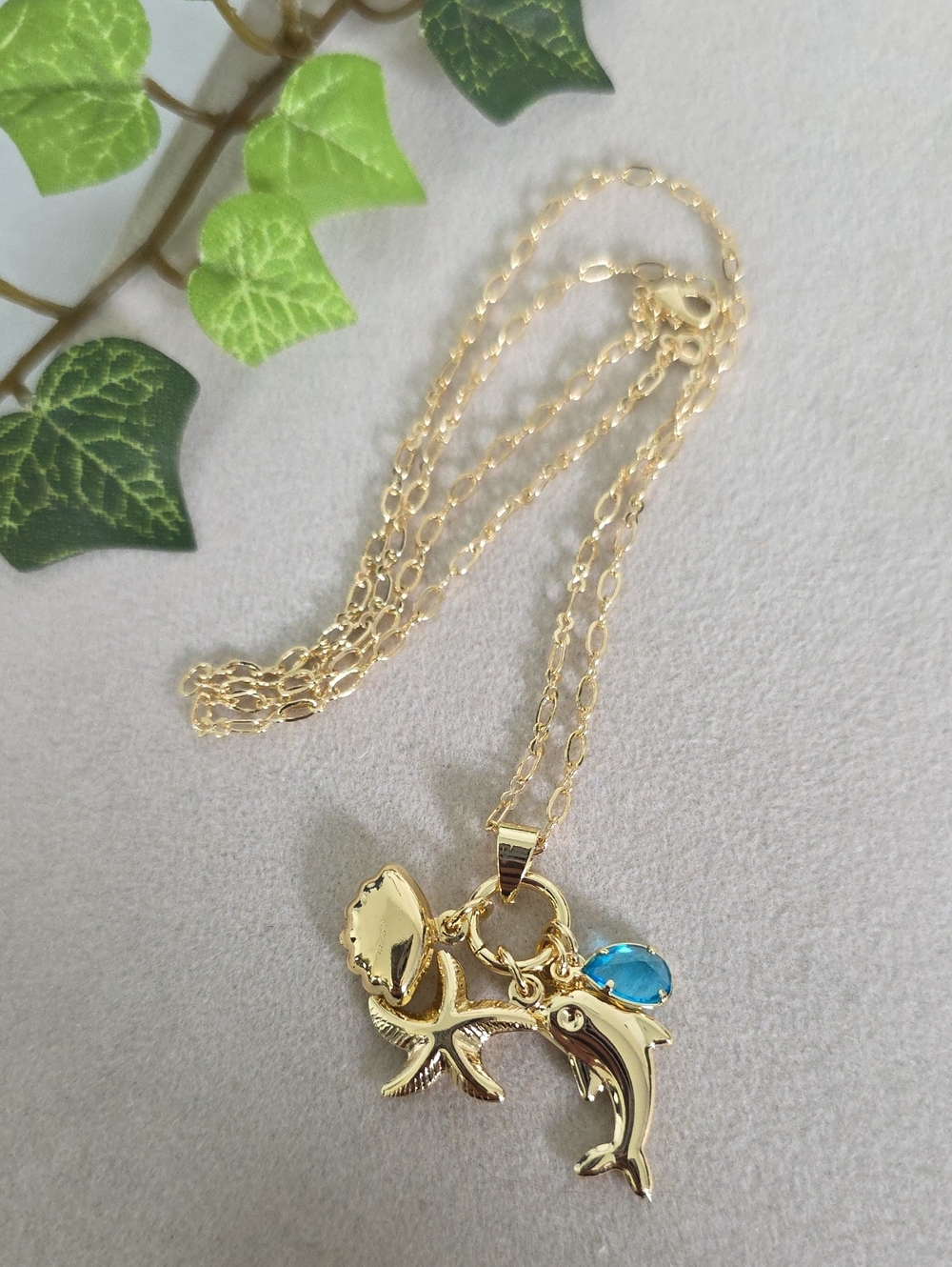 Gold Filled 20" Chain Necklace Dolphin Shell Starfish Charms Pendant